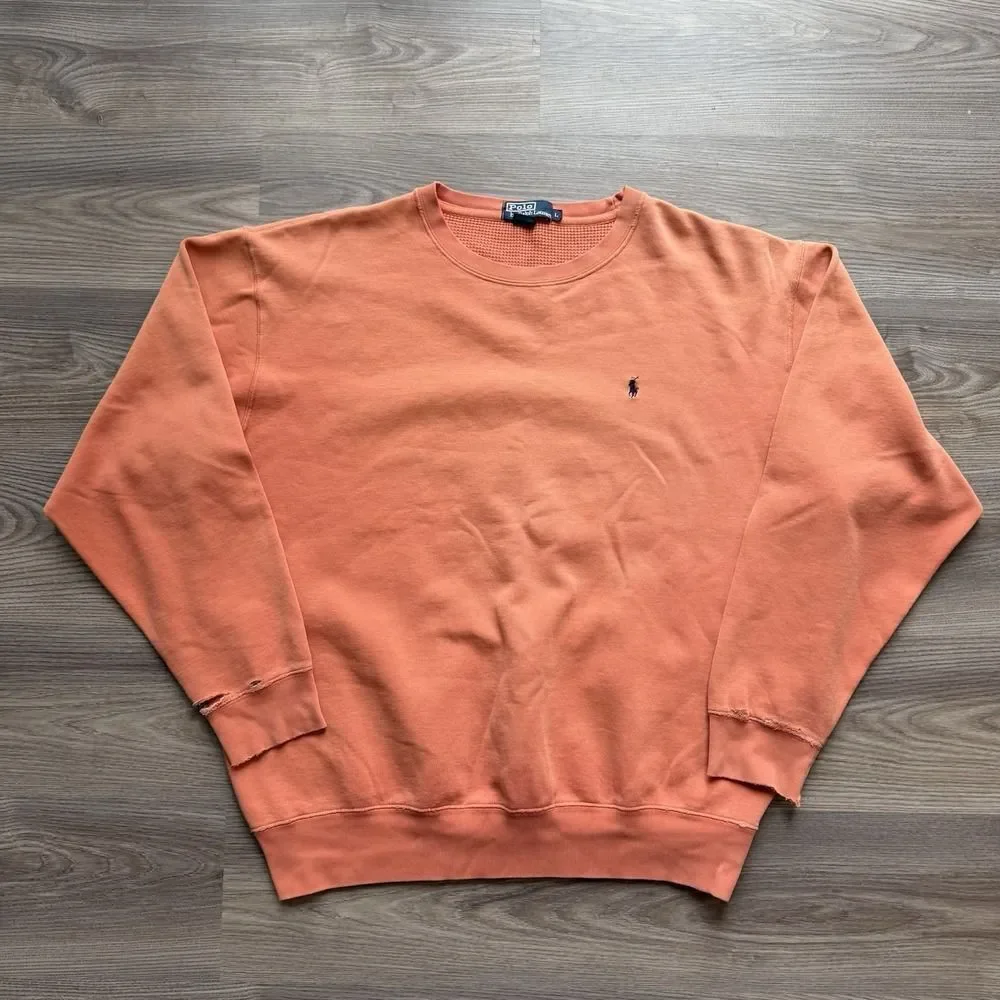 Vintage 90s Polo Ralph Lauren Faded Orange Distressed Pullover Crewneck Mens L